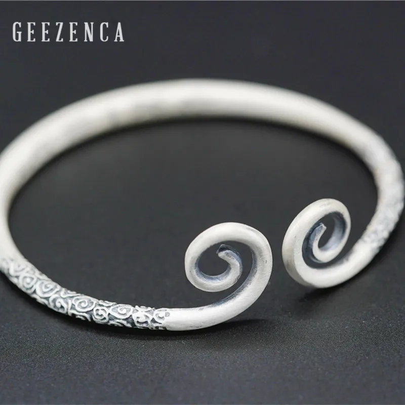 

GEEZENCA-999 Sterling Silver Handcrafted Thai Engraved Gold Hoop Resizable Bangles Bracelet Vintage Ethnic Fine Jewelry for Wome