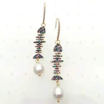 

White Pearl Rainbow Color Cz Pave Fish Bone Charm Dangle Hook Earrings
