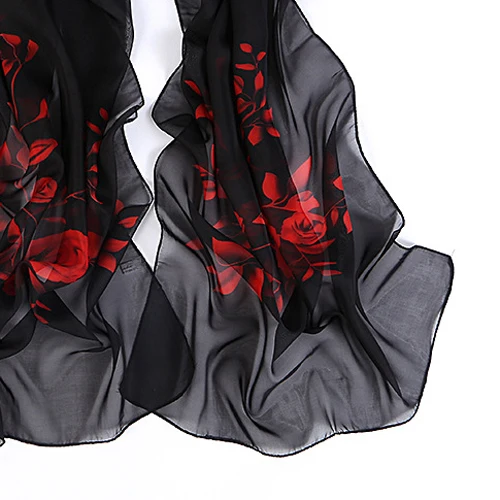 

MYTL Black Vintage Red Flowering Branch Print Pattern Chiffon Scarf For Women
