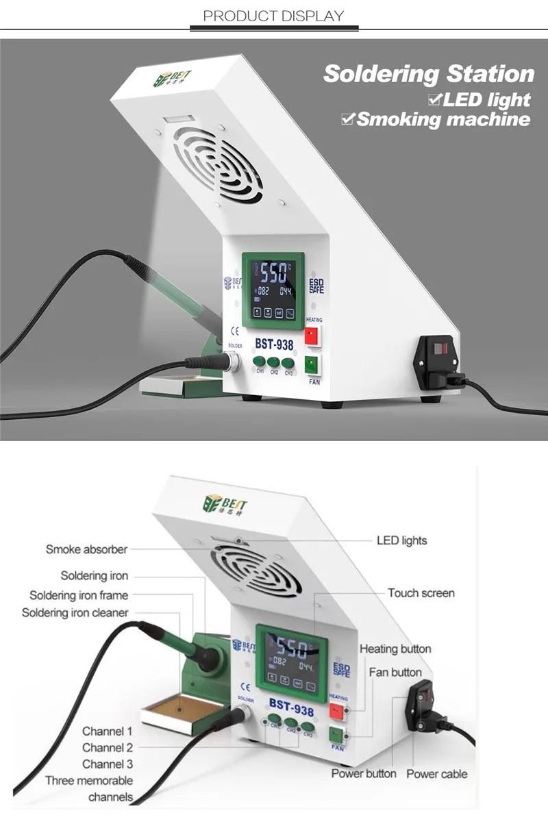 Лучший BST-938 220 V Многофункциональный 3 в 1 паяльник станция поглотитель дыма для паяльных работ светодиодный свет прочный