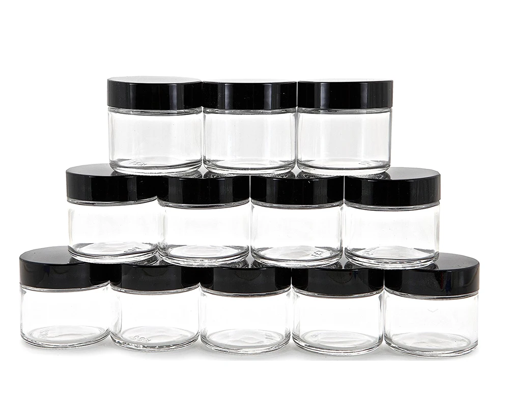 

12, Clear, 2 oz, 60g ml Round Glass Jars, with Inner Liners Jar Straight Sided Cream Jars black plastic lid cap inner liner