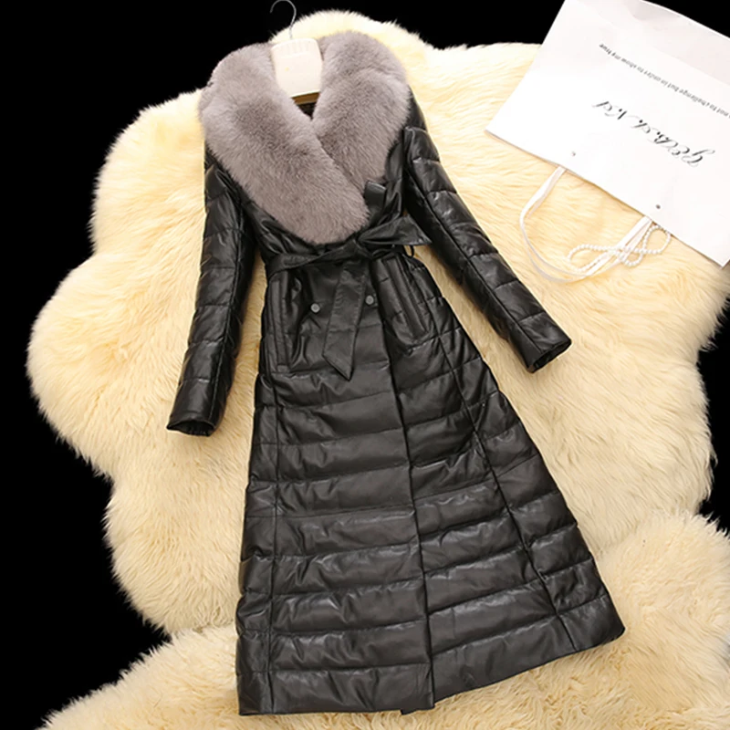 2018 Noir Chaud Slim Renard Grand Cuir Naturel Peau Long D'hiver Veste Véritable Manteau Nouveau Outwear Femmes Automne En Fourrure De Col Épais Mouton rqBwra
