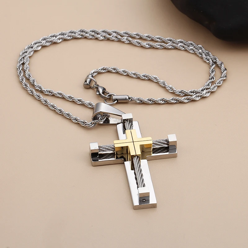 

gold with silver Stainless Steel Wire Chain Cross crucifix Pendant religions Necklace Men's XMAS Gifts 4mm 22 inch