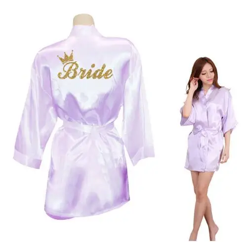 Bride Crown Team Bride Golden Glitter Print Kimono Robes Faux Silk Women Bachelorette Wedding Preparewear pin