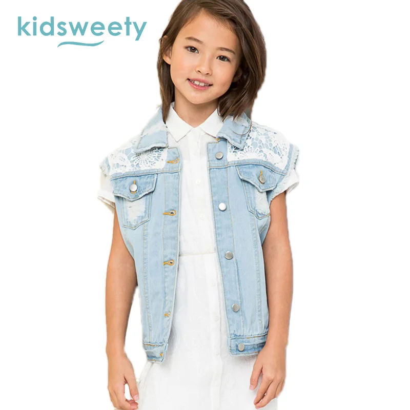 

Kidsweety Girls Denim Vest Jacket 2017 Spring Short Lapel Color Block Kids Outerwear Pocket Coat Button Hollow Girls Denim Vest