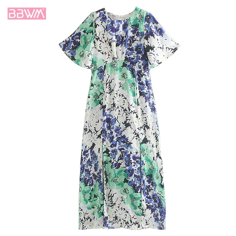 

Round neck short sleeve color printed backless women's dresses 2019 summer ethnic style retro leisure holiday Female dress