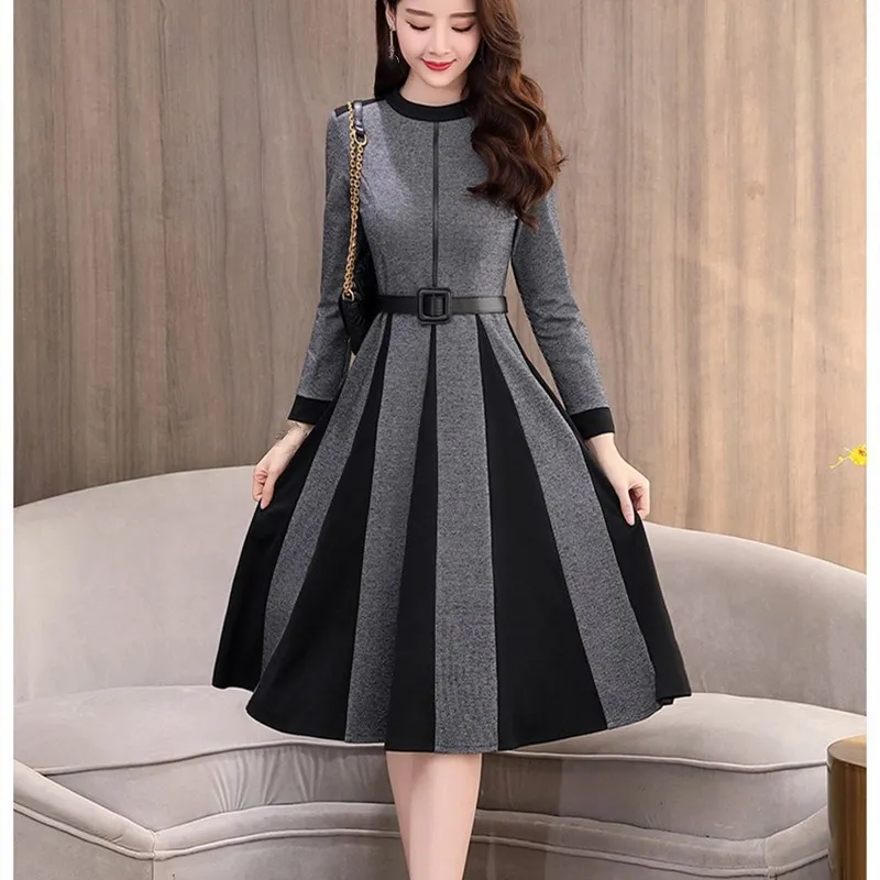 

2019 Spring Women Long Sleeve A-Line Dress Office Lady Work Wear Patchwork Elegant Cusual Sashes Knee-Length Slim Dress