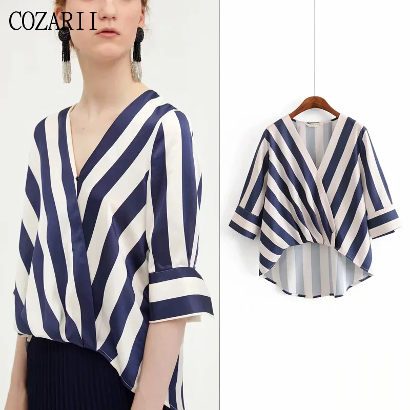 

COZARII blusas mujer de moda 2019 casual style striped V-Neck collar three quarter sleeve kimono blouse womens tops and blouses