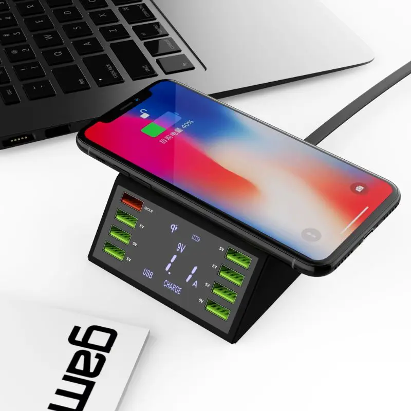 Ceny 60W QC 3.0 szybkie ładowanie 8 portów USB stacja ładująca stacja dokująca Qi bezprzewodowa szybka ładowarka z wyświetlaczem napięcie prądu dla iphone X6HA
