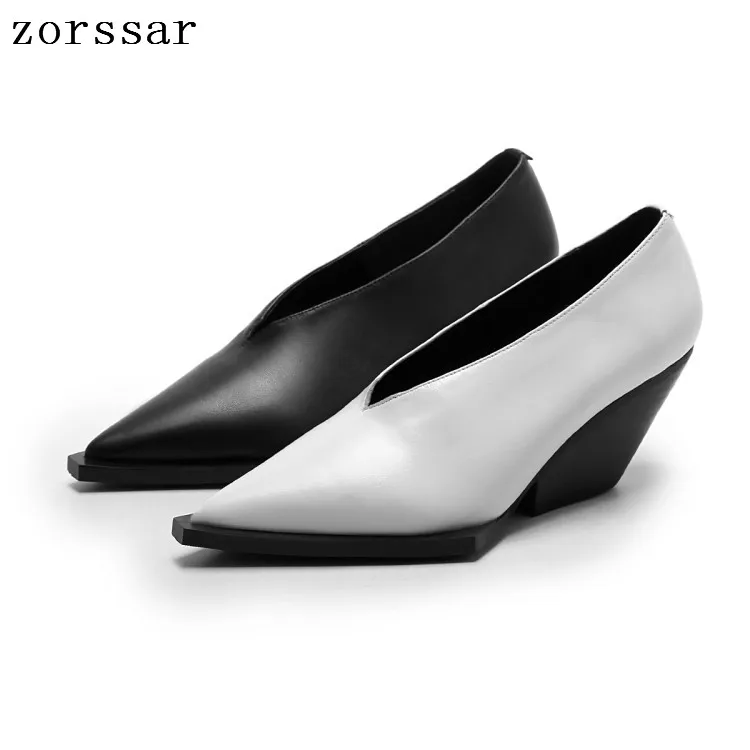 

Zorssar 2019 Female Single shoes fashion women pumps cow Leather Shallow slip on Pointed Toe Wedges High heels dress shoes