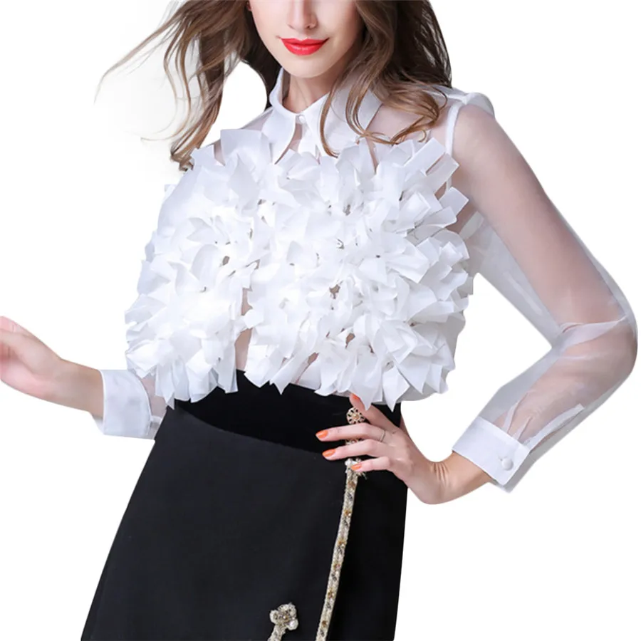 Long Sleeve Organza White and Black Women Blouse Summer