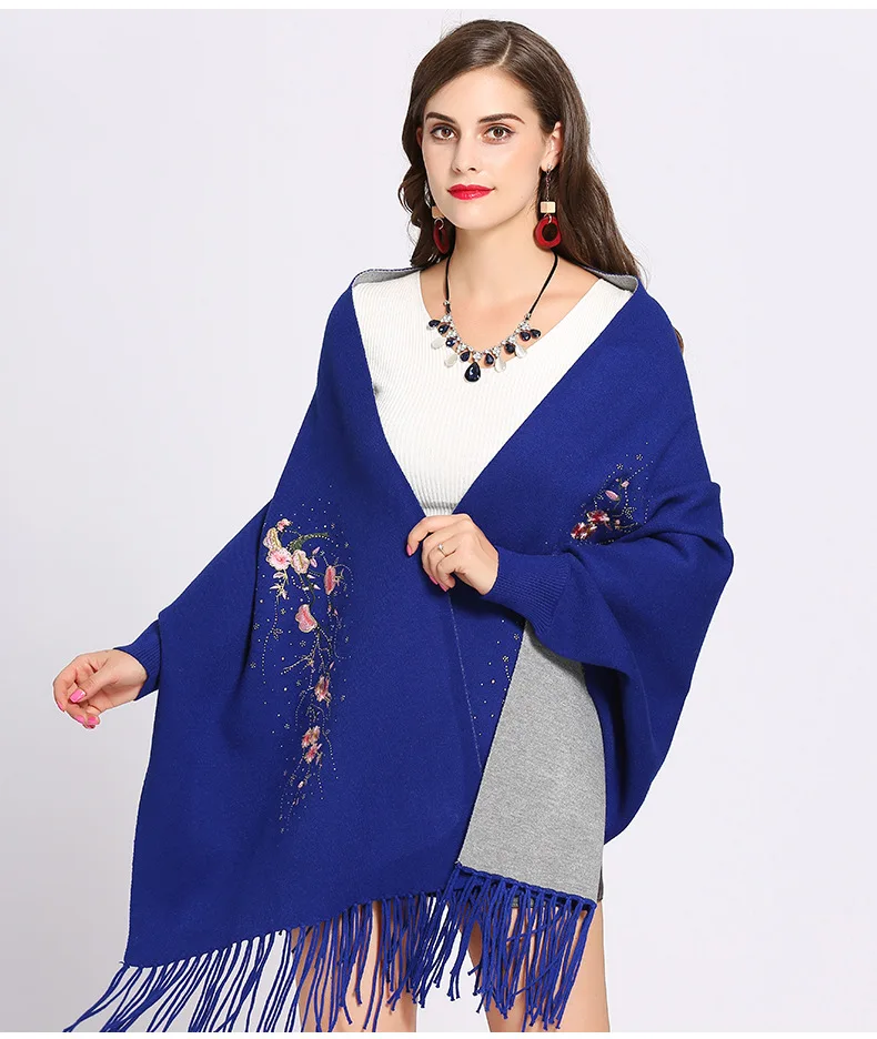 SC246 большой вышитый плащ Зимний вязаный толстый пончо с кисточками для женщин цветочный женский длинный рукав накидка теплая шаль