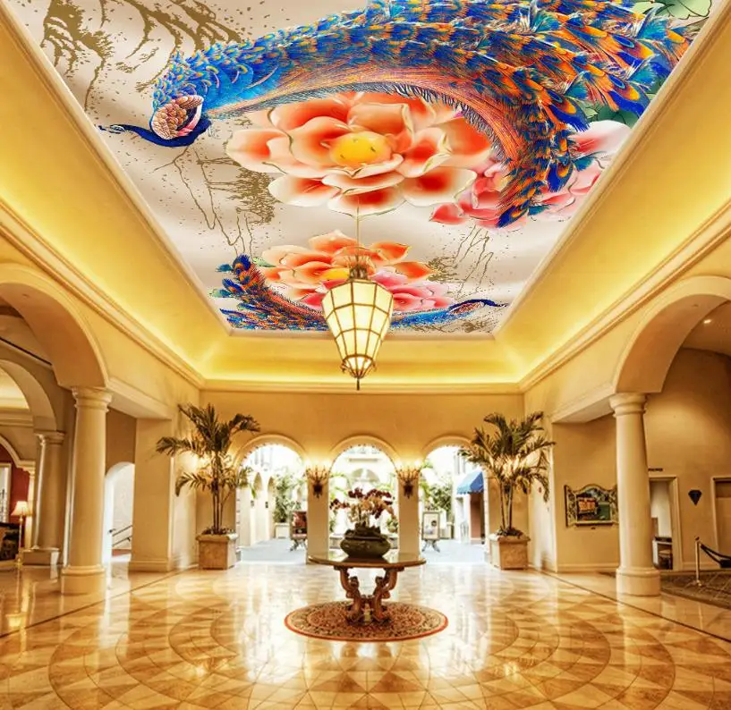 

3d wallpaper ceiling mural customization Peacock open screen 3d wallpaper for ceiling 3d wallpaper living room Decorative