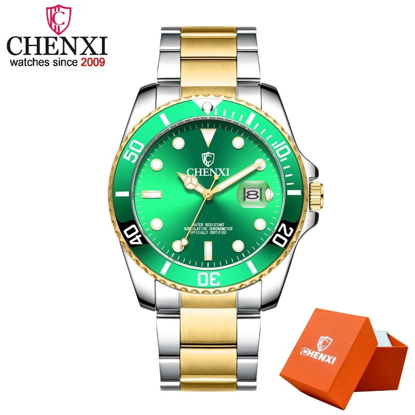 Relojes Hombre новые часы Мужские Роскошные Кварцевые часы CHENXI мужские наручные часы Лидирующий бренд Роскошные полностью стальные водонепроницаемые часы - Цвет: Silver Gold Green