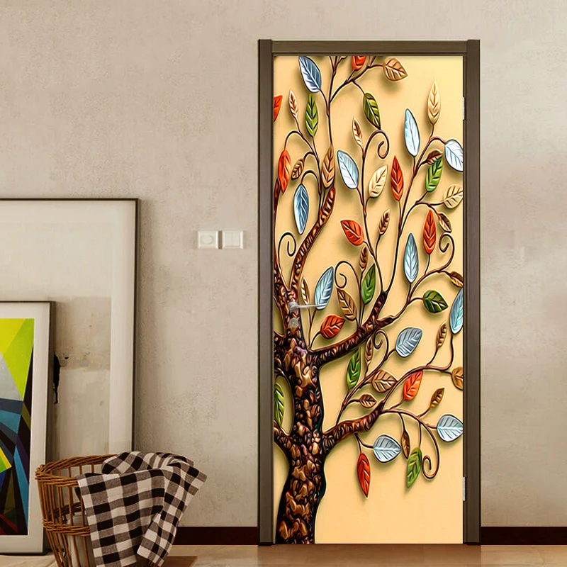 

Home Decoration Door Sticker 3D Relief Colorful Tree Wallpaper Wall Mural Living Room Bedroom Study Creative PVC 3 D Door Decals