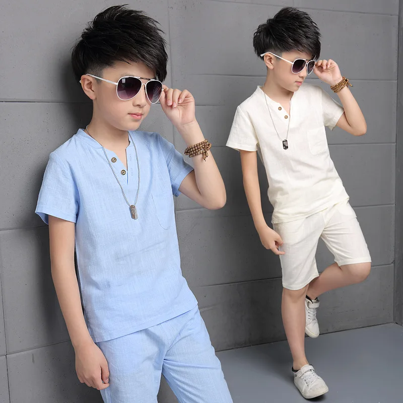

Boy's Clothes 2019 New Summer Kid Boy Solid Tshirt + Pants 2PC Teen Sportswear 3-14 ages Cotton Linen Children's Clothes Suit