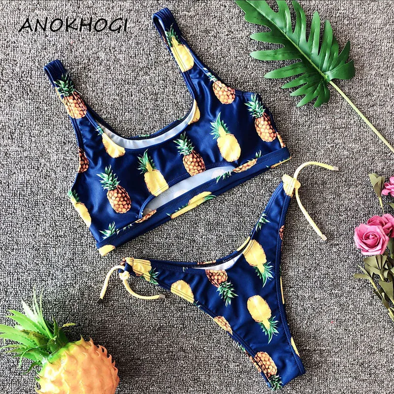 

Brazilian Style Pineapple Print Cross Bandage Women Bikini Sets Fruit Padded High Waist Maillot de bain Beach Bikinis Set M51