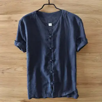 

New Summer Causal Men Linen Cotton Shirts Short Sleeve Collarless Soft Breathable Dress Shirts