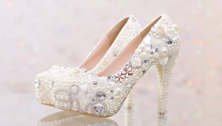 11_Pearl Diamond White Bridal Wedding Shoes Red Platform Super High Heels Woman Elegant Free Shipping Size 40