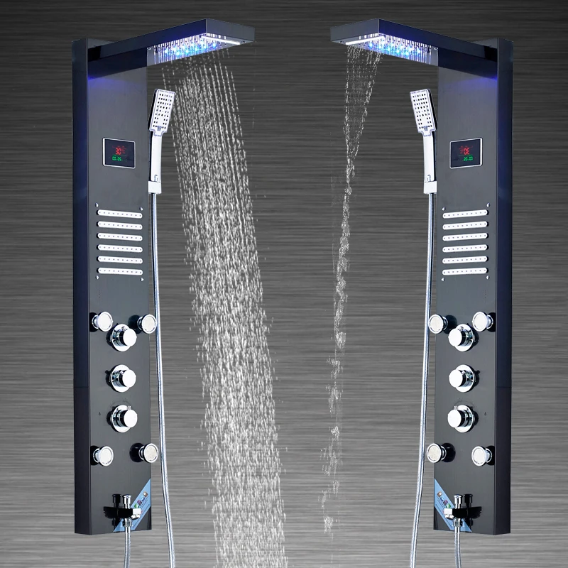 Bathroom Shower Faucet Black Nickel LED Waterfall Shower Panel Wall Mounted Shower Panel Column