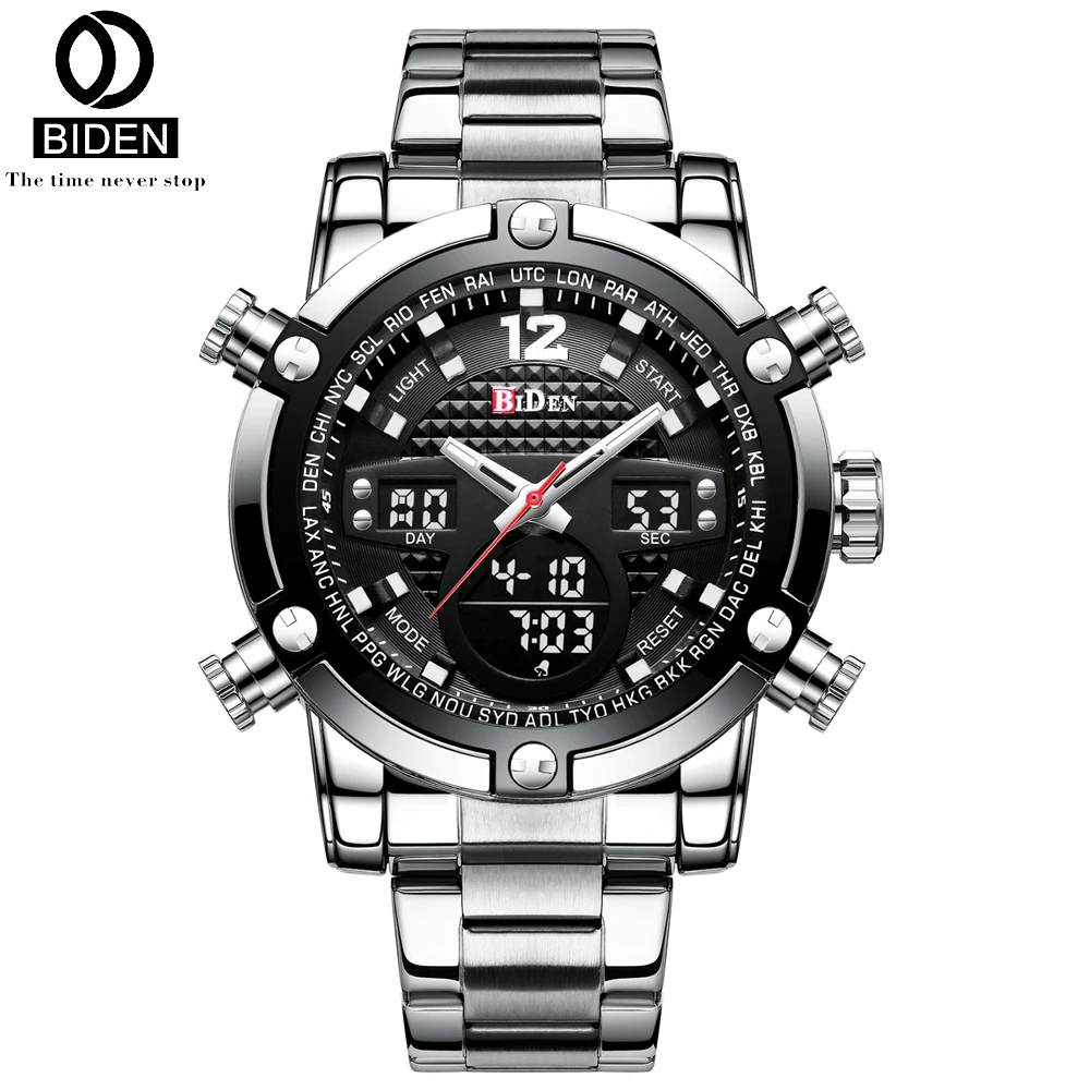 

BIDEN Waterproof Watch Men Silver Stainless Steel Auto Date Week Quartz Dual Display Watch Digital Sports Watches for Running