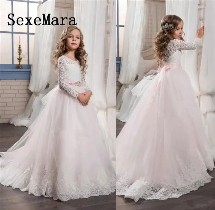 

Princess Pink Tulle Flower Girls Dresses For Weddings Long Sleeve Lace Children Pageant First Communion Dress With Crystal Sash