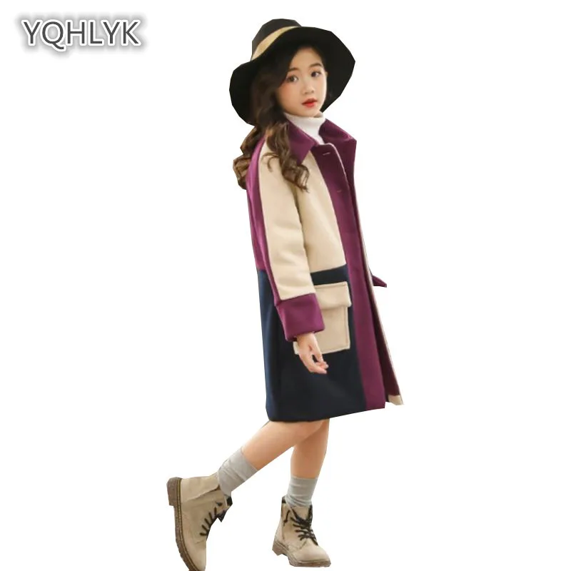 

Children's autumn winter fashion girls woolen coat Korean thick lapels Patchwork girls coat long loose kids Outerwear LK219