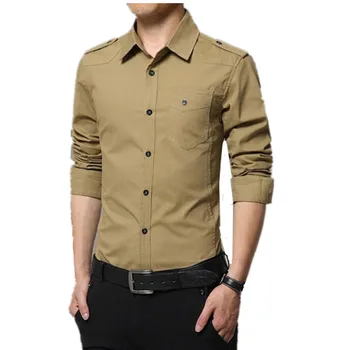

2019 New Shirt Men Brand Shirt Tooling Military Style Camisa Social Fashion Solid Cotton Shoulder Strap Long-sleeved Shirt