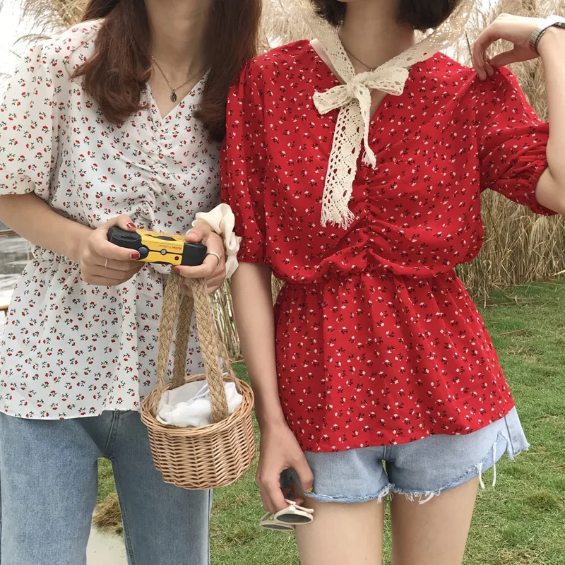 

2 colors 2019 summer korean sweet style small floral tops womens short sleeve v neck chiffon shirts womens blouses (C6407)