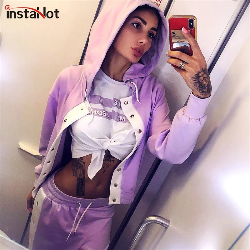 

InstaHot Autumn New Design 2 Piece Set Women Purple 4 Colors Button Hoodies Cut Off Pant Female Casual Sets Winter 2019 Fashion