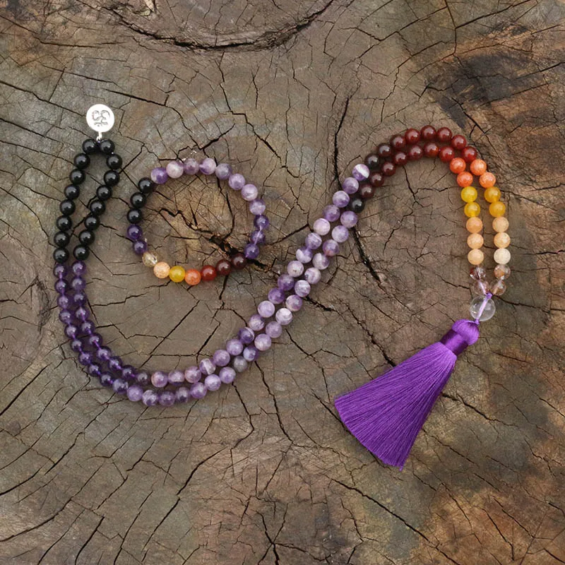 8mm Red Hair Quartz Crystal,JapaMala Necklace,Namaste Yoga Jewelry,Chakra Stones Mala, Buddhist Mala Prayer Bead, 108 Mala Beads