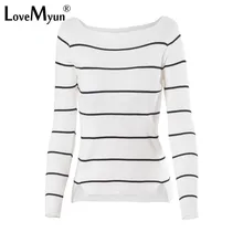 Осень Зима Повседневное черный, белый цвет в полоску с длинным рукавом вязать для женщин тонкий свитер Пуловеры джемперы