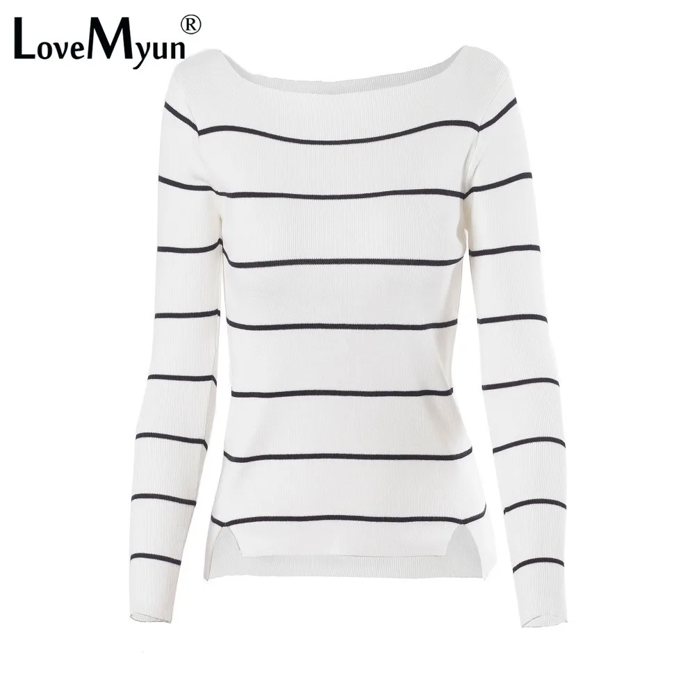 

2019 Autumn Winter Casual Black White Striped Long Sleeve Knit Women Slim Sweater Pullovers Jumpers