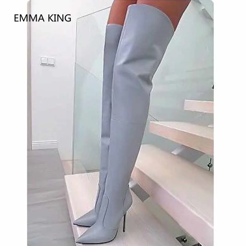 Г., фиолетовые эластичные женские зимние сапоги до бедра обувь на высоком каблуке с острым носком пикантные женские кожаные высокие сапоги выше колена на шпильке - Цвет: As Picture