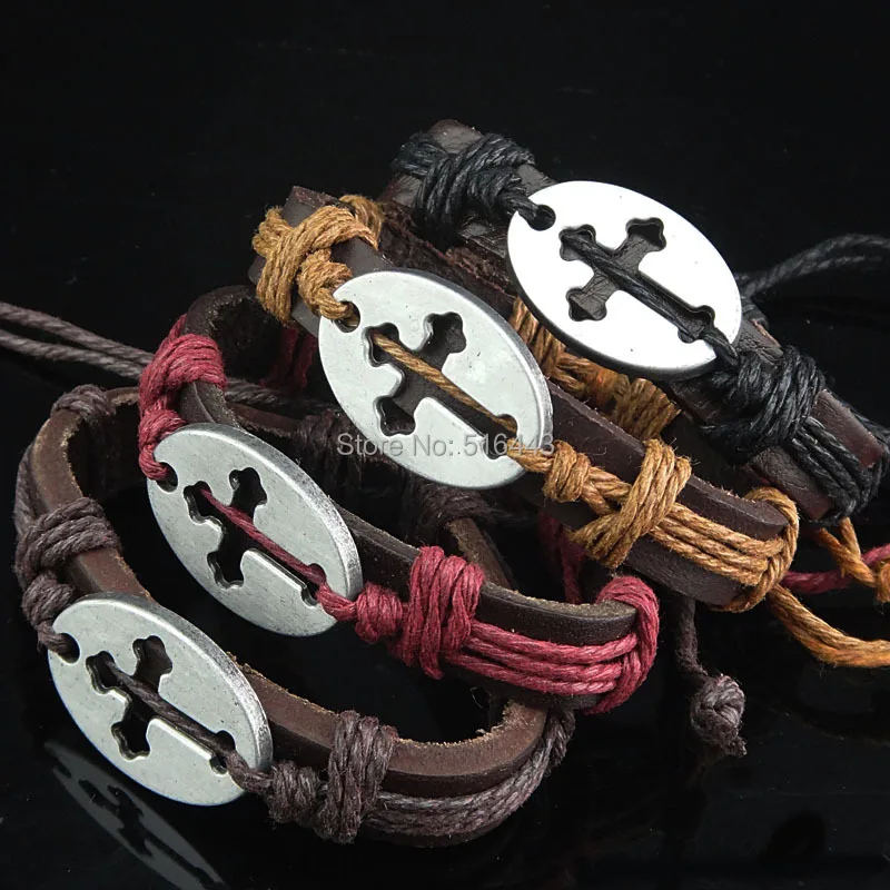 

New Arrival Hot Sale 12pcs Antique Silver Alloy Leather Oval Hollow Cross Mens WomensVintage Bracelets Bangles Wholesale A322