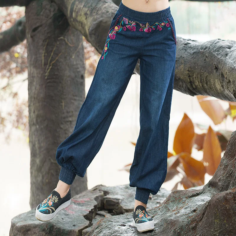 

Woman Femme Harem Denim Pants Women Jeans Floral Embroidered Jeans Women's Fashion Elastic Waist Embroidery Jeans E777