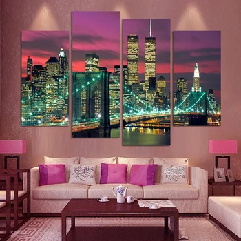 

Household adornment picture 4 board wall painting art print the brooklyn bridge of Manhattan art paintings a modern city