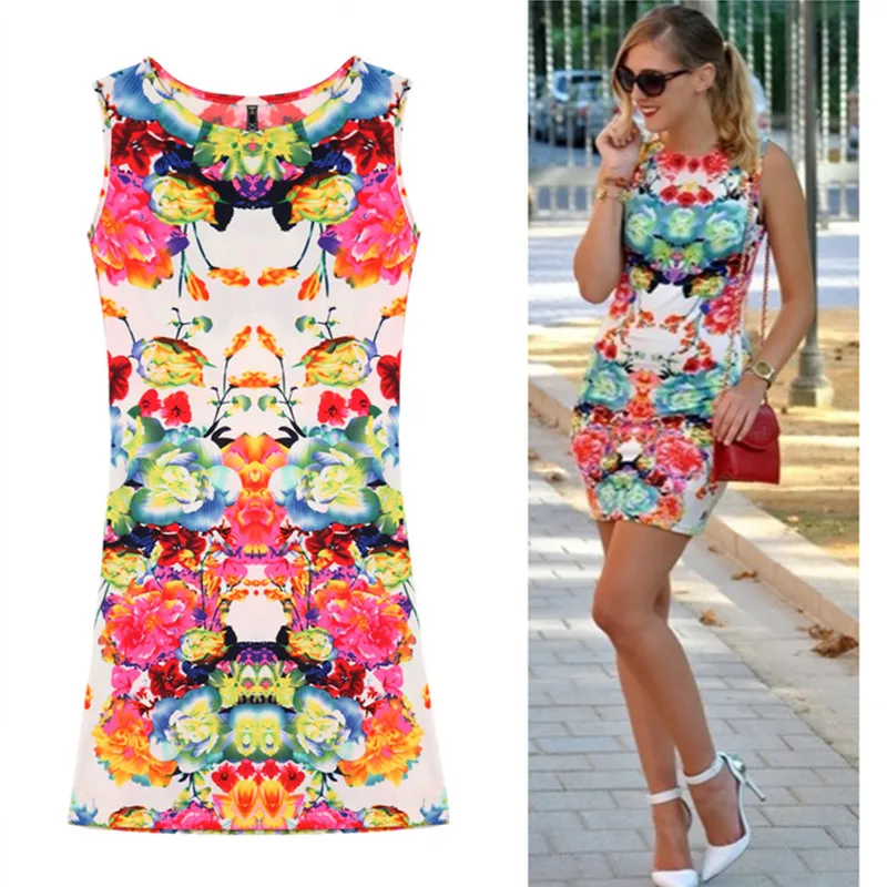 Summer Printed Floral Dress Slim Women Dress New Fashion Oneck Novelty