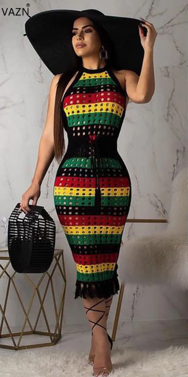 

VAZN 2019 New summer sexy beach style patchwork colors Dress sexy women hanging neck dress hollow out skinny women Dress CY8101