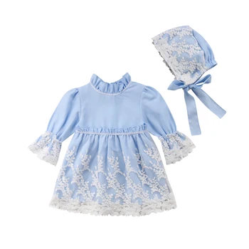 

0-5T Baby Girls Princess Costume Newborn Kids Lace Dress Long Sleeve Party Pageant Dress With Bowknot Hat