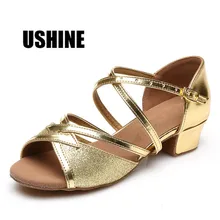 USHINE/206 г.; обувь для танцев на квадратном каблуке золотого цвета для женщин; детская танцевальная обувь для сальсы