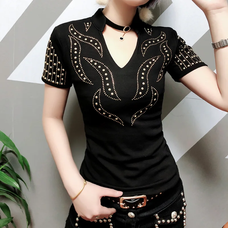 

2019 women's Rhinestone bead short sleeve t-shirts Female diamond Tops white Beading printing black woman summer Tees t shirt