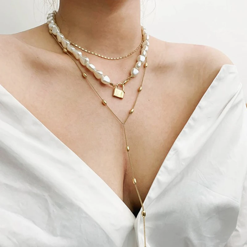 SRCOI Hip Hop Multi-layer Irregular Freshwater Pearls Chain Metal Beads Line Lock Pendant Necklace Gold Color Boemia Women Neckl