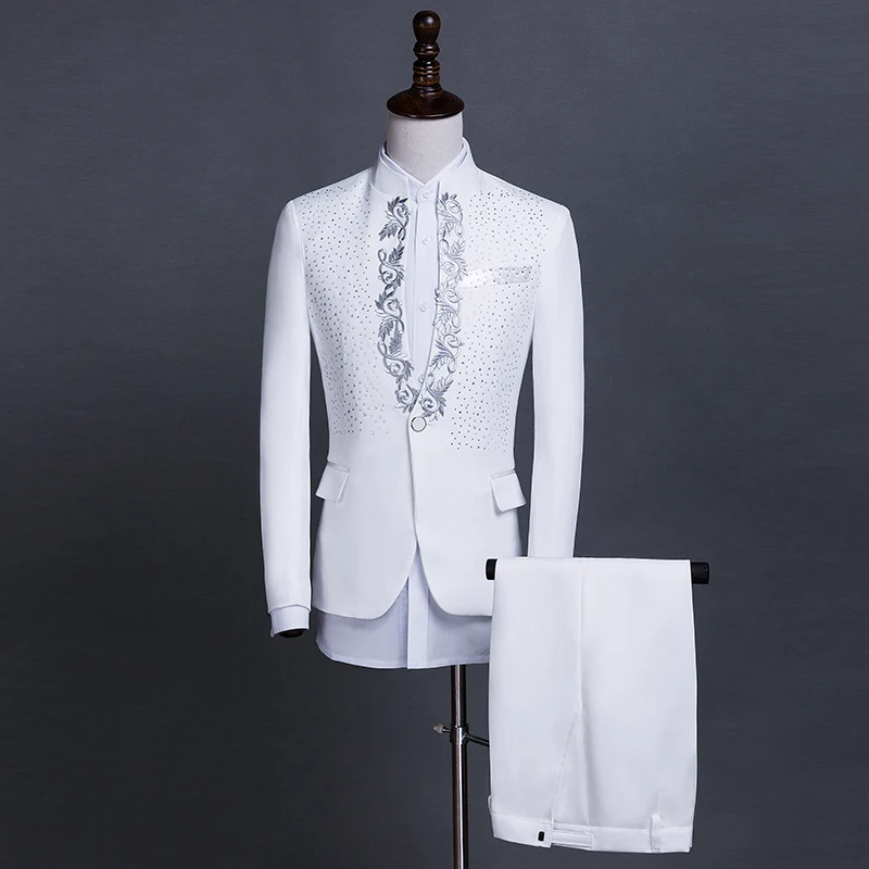 (Jacke + hosen) männlichen Sänger Leistung Anzug Host Bühne zeigen set Hochzeit Party Kleider Mode Stickerei Pailletten Blazer kostüm