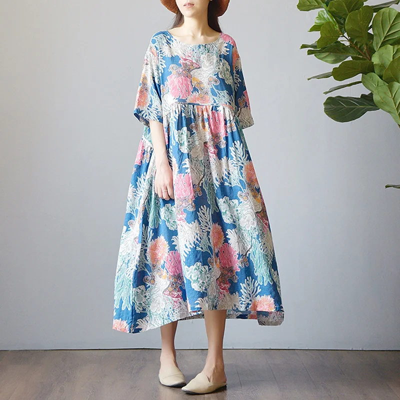 

Johnature Women Floral Dress Cotton Linen Robes 2019 Summer New O-Neck Half Sleeve Vintage High Quality Women Cloths Blue Dress