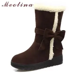Meotina/Сапоги до середины икры, зимние сапоги, Женская плюшевая теплая обувь на платформе, сапоги на танкетке, женская обувь, красные, черные