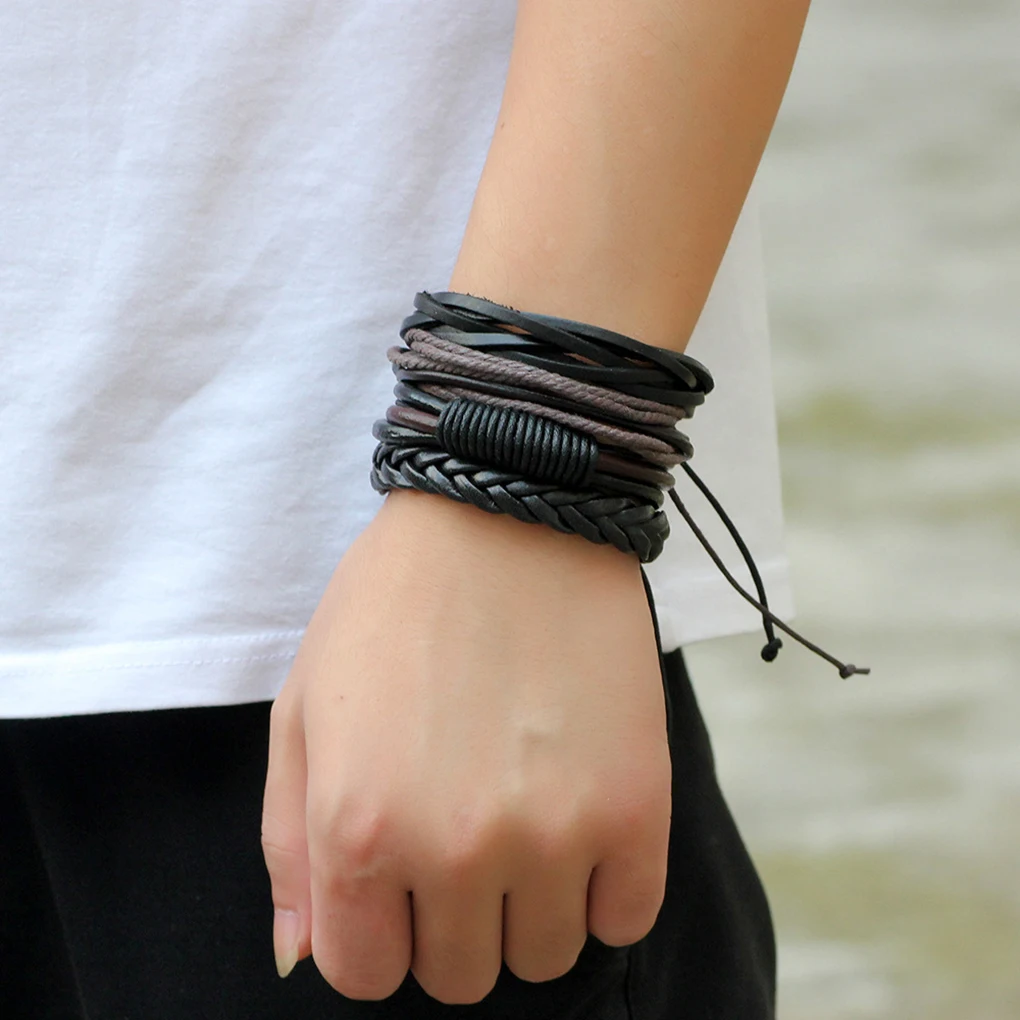 4pcs Set Or 1pcs Men Boys Leather Bracelet Woven Bangles Vintage Men Boys Leather Bracelet Woven Bangles