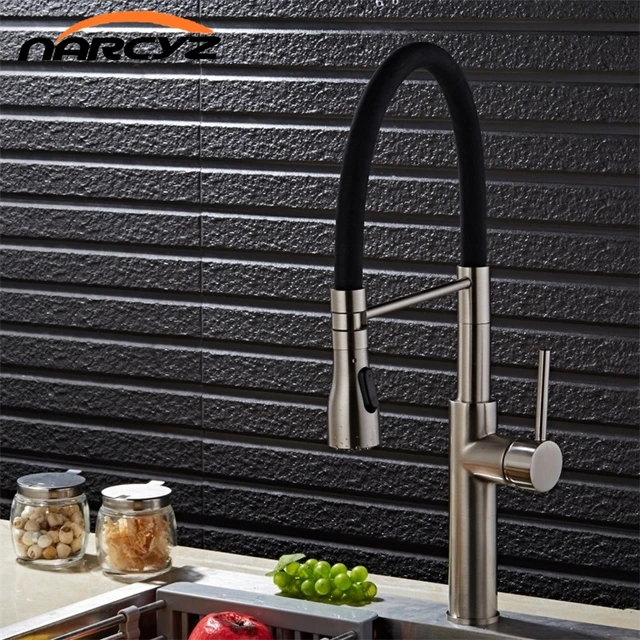 Cheap Narcyz Brushed Nickel Kitchen Faucet 100% Solid Brass Single Handle Mixer Sink Tap 360 Degrees Swivel Black Kitchen Tap XT-68