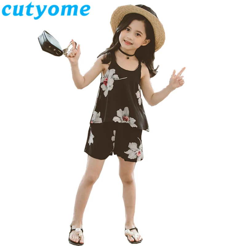 

Cutyome Summer Teenage Girls Clothing Set Toddler Kids Floral Sleeveless T Shirt Top+Shorts Suit 2pcs Children's Clothes Set 12