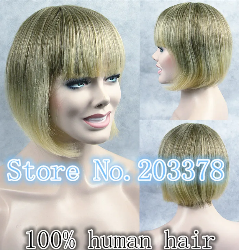 

Capless Top Grade Humanhair Blonde Mixed Colour Short Straight Bob Full Wig ombre wig free shipping